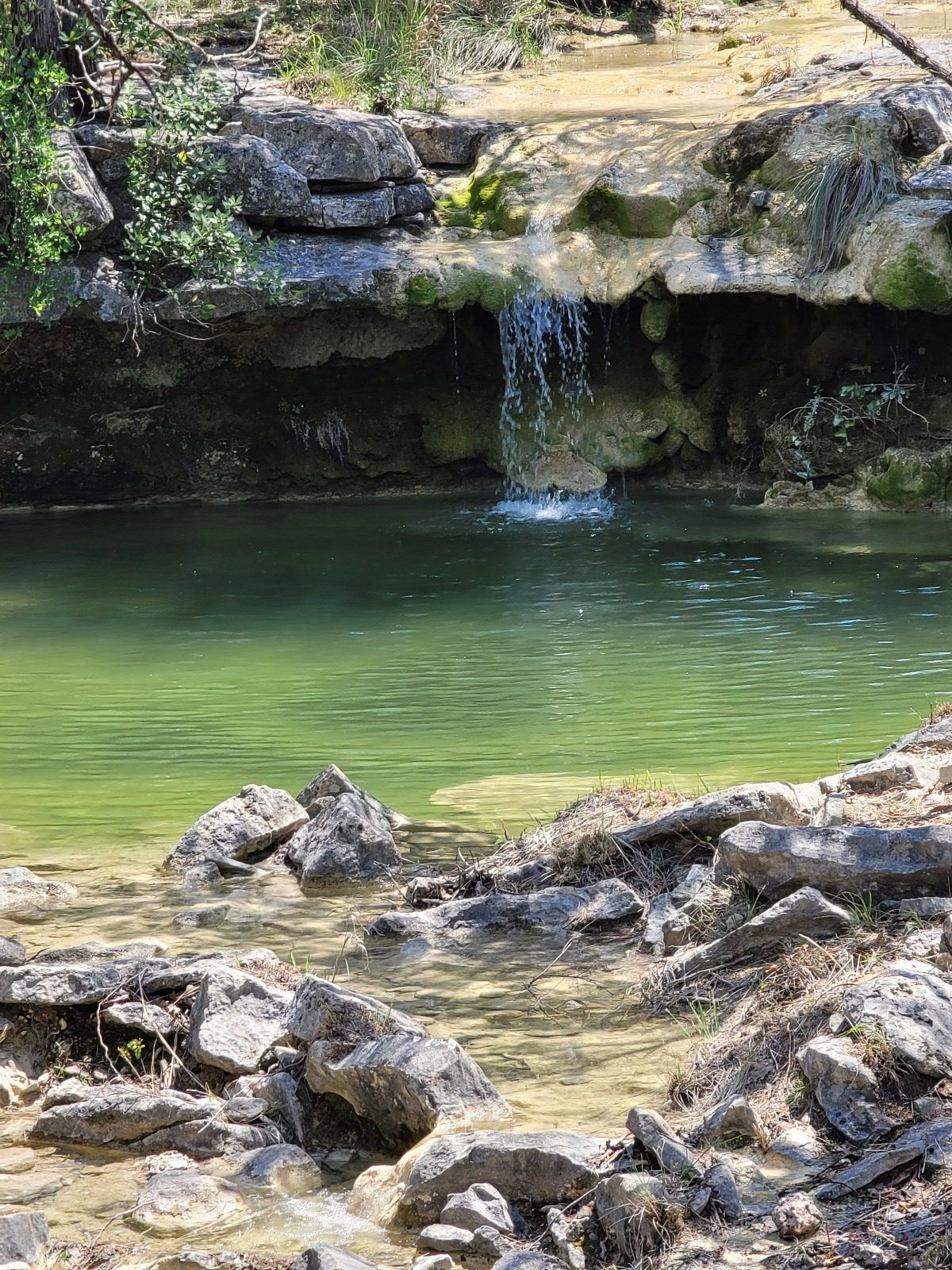 Waterfall flowing into a clear green pool over limestone